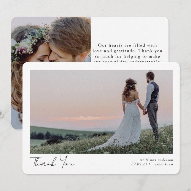 Minimalist 2 Photo Calligraphy Wedding Thank You Card (Front/Back)