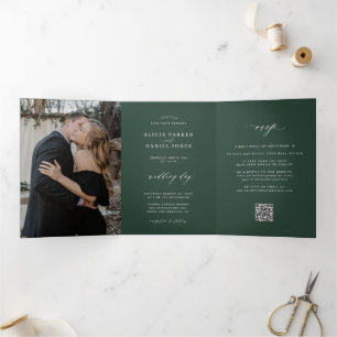 Minimalist 2 photo dark green wedding RSVP QR Tri-Fold Invitation