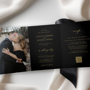 Minimalist 2 photo gold black wedding RSVP QR Tri-Fold Invitation