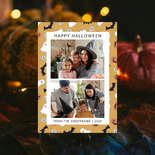Minimalist 2 Photo Retro Ghost Bat Happy Halloween Holiday Card