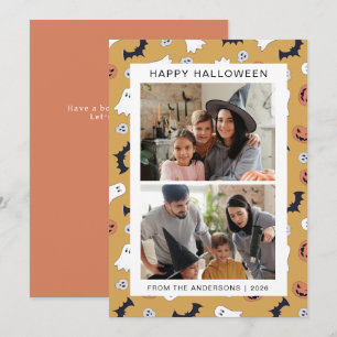 Minimalist 2 Photo Retro Ghost Bat Happy Halloween Holiday Card