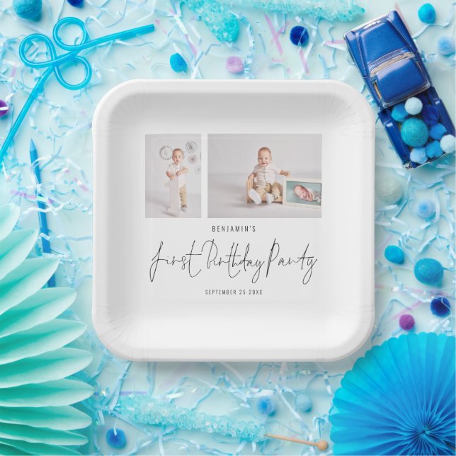 Minimalist 2 Photo Script First Birthday Party Paper Plate (Party)