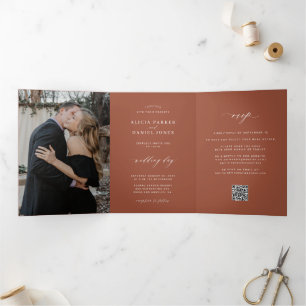 Minimalist 2 photo terracotta wedding RSVP QR Tri-Fold Invitation
