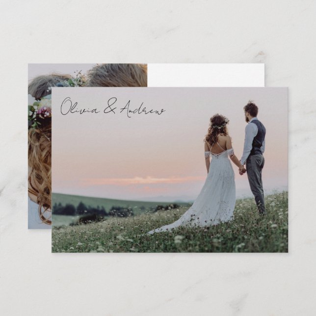 Minimalist 2 Photo Wedding Calligraphy  Thank You Card (Front/Back)