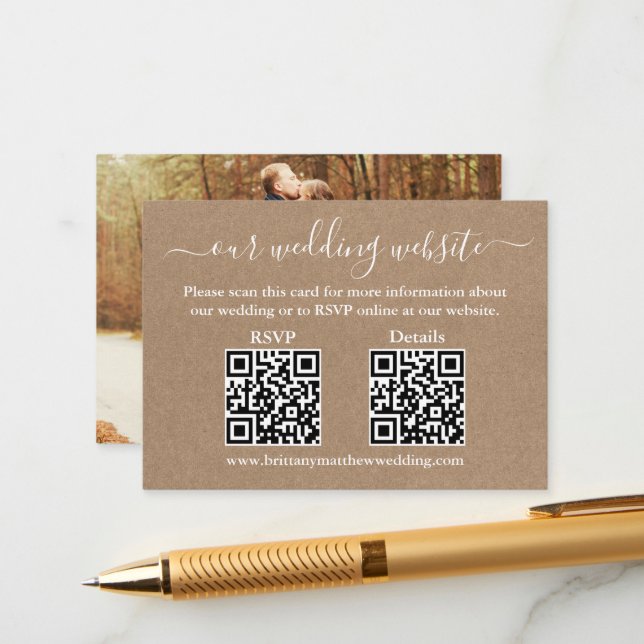 Minimalist 2 QR Photo Wedding RSVP Details Kraft Enclosure Card (Front/Back In Situ)
