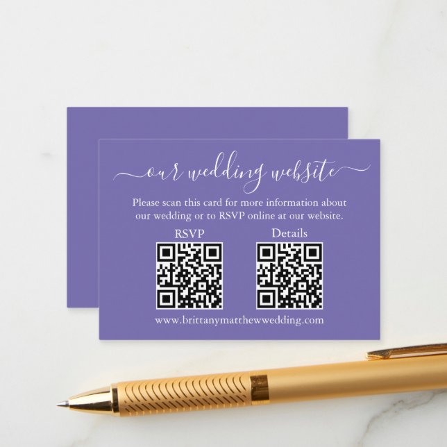Minimalist 2 QR Wedding RSVP Details Periwinkle Enclosure Card (Front/Back In Situ)