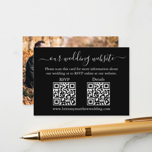 Minimalist 2 QR Wedding RSVP Details Photo Black Enclosure Card (Front/Back In Situ)