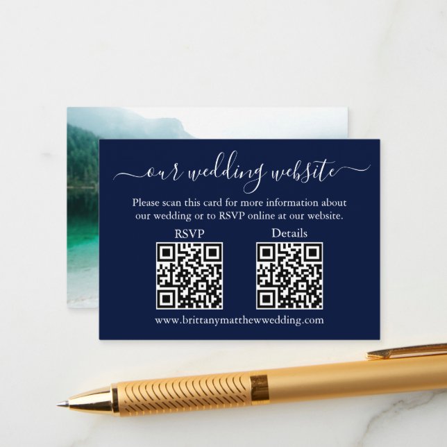 Minimalist 2 QR Wedding RSVP Details Photo Blue Enclosure Card (Front/Back In Situ)