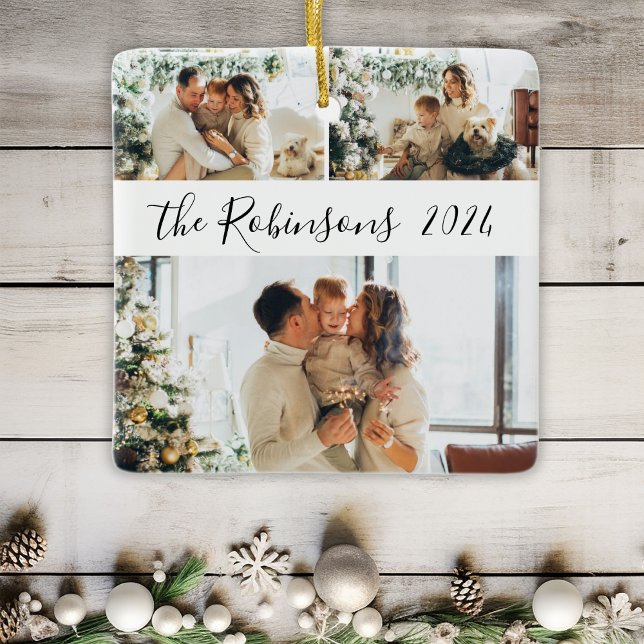 Minimalist 3 Family Photo Collage Christmas  Ceramic Ornament (Creator Uploaded)
