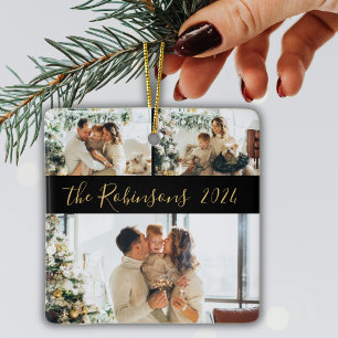 Minimalist 3 Family Photo Collage Christmas Ceramic Ornament