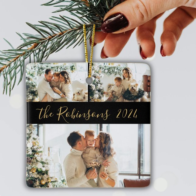 Minimalist 3 Family Photo Collage Christmas  Ceramic Ornament (Creator Uploaded)