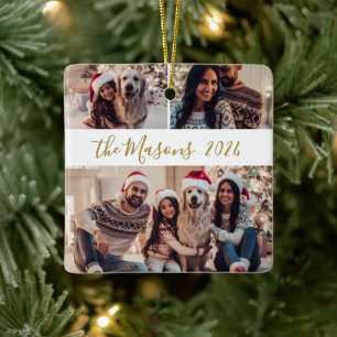 Minimalist 3 Family Photo Collage Christmas Ceramic Ornament