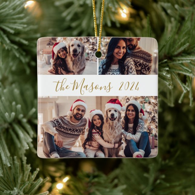 Minimalist 3 Family Photo Collage Christmas  Ceramic Ornament (Tree)