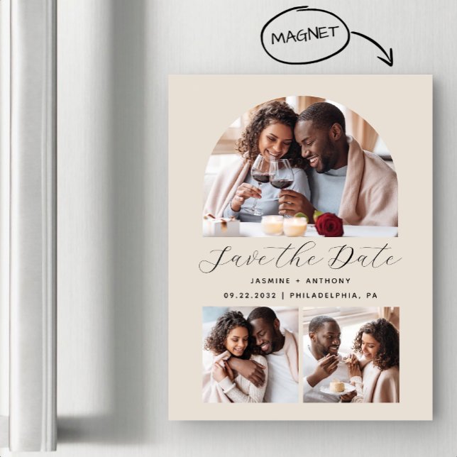 Minimalist 3-Photo Arch Beige Magnetic Invitation (Creator Uploaded)