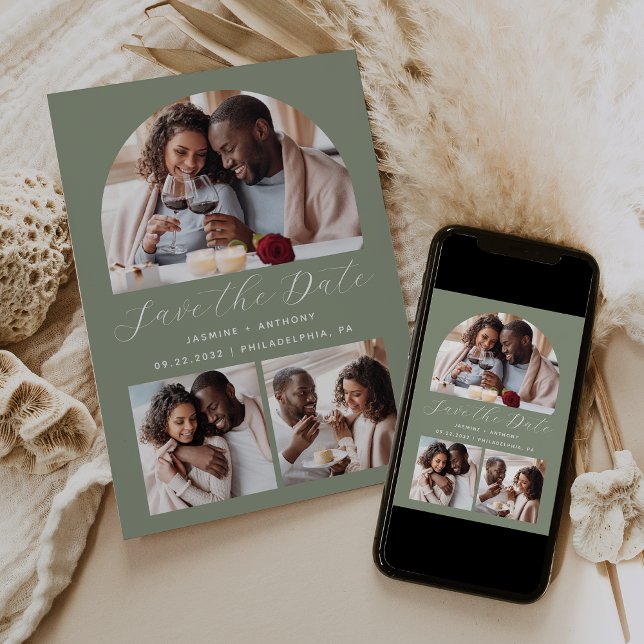Minimalist 3-Photo Arch Collage Sage Green Save The Date (Creator Uploaded)