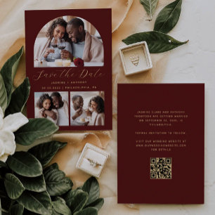 Minimalist 3-Photo Arch QR Code Burgundy Gold Save The Date