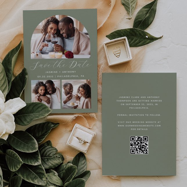Minimalist 3-Photo Arch QR Code Sage Green Save The Date (Creator Uploaded)