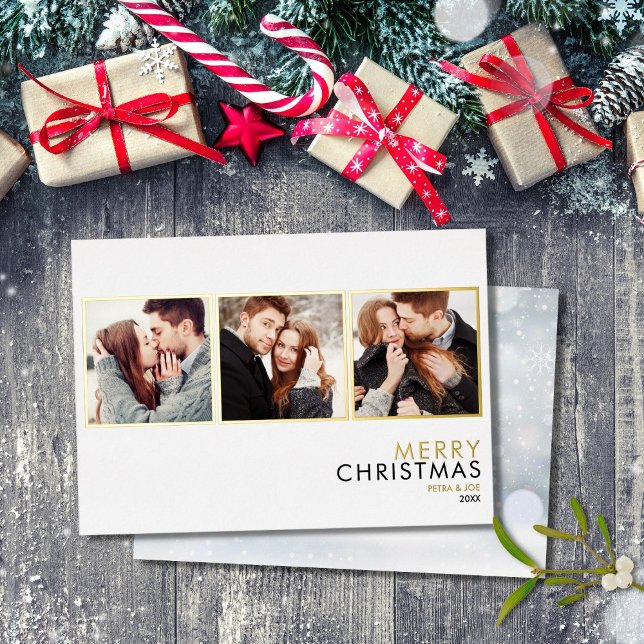 Minimalist 3 Photo Collage Christmas Gold Foil Holiday Card (Creator Uploaded)