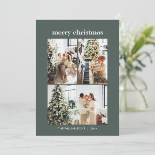 Minimalist 3 Photo Collage Merry Christmas Green Holiday Card