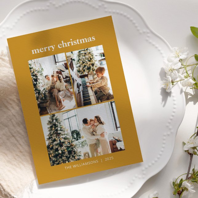 Minimalist 3 Photo Collage Merry Christmas Yellow Holiday Card (Creator Uploaded)