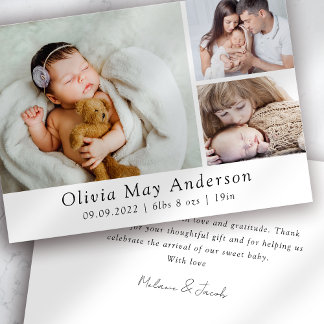 Minimalist 3 Photo New Baby Thank You Card