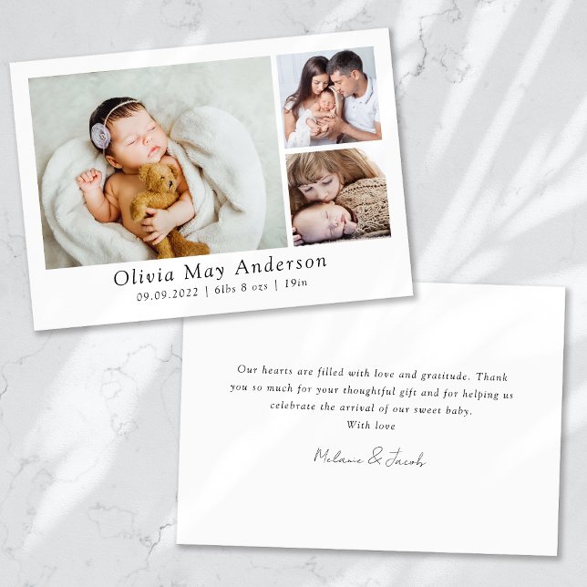 Minimalist 3 Photo New Baby  Thank You Card (Creator Uploaded)