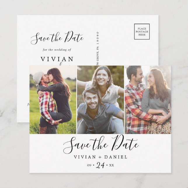 Minimalist 3 Photo Save the Date Invitation Postcard (Front/Back)
