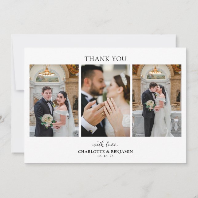 Minimalist 3 Photo Script Wedding  Thank You Card (Front)