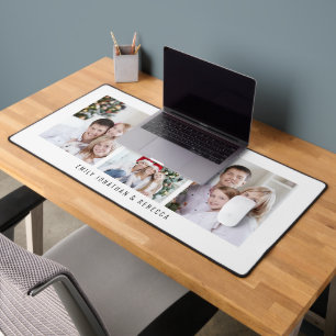 Minimalist 3 Photos Family Names White Desk Mat