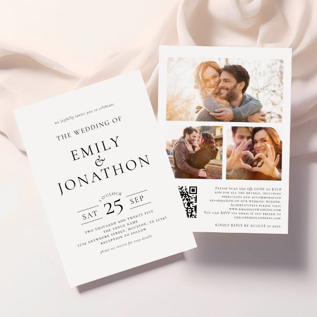Minimalist 3 Photos on reverse QR Code Wedding Invitation (Front and back view)