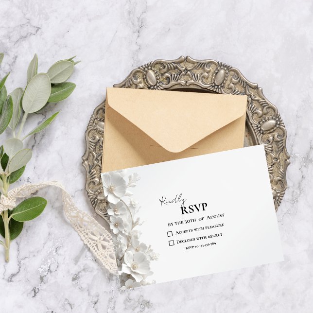 Minimalist 3D White Floral Elegant Luxury Wedding RSVP Card (Creator Uploaded)