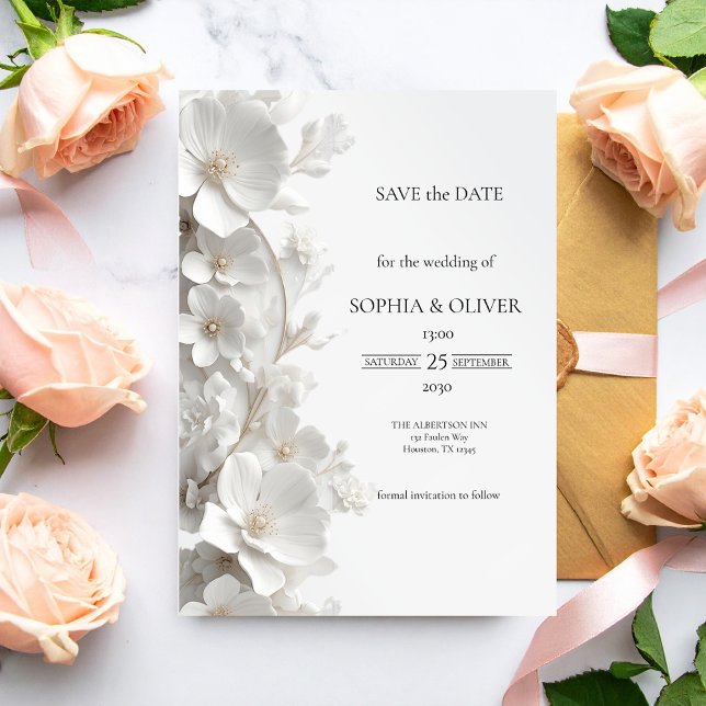 Minimalist 3D White Floral Luxury  Save the Date (Creator Uploaded)