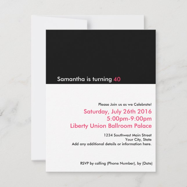 Minimalist 40th Birthday Invitations, Pink Invitation (Front)