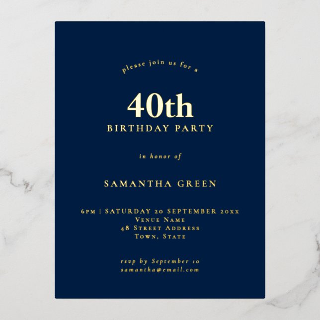 Minimalist 40th Birthday Party Navy Blue Glam Foil Foil Invitation Postcard (Front)