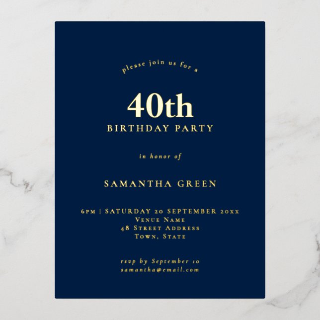 Minimalist 40th Birthday Party Navy Blue Glam Foil Invitation Postcard (Front)