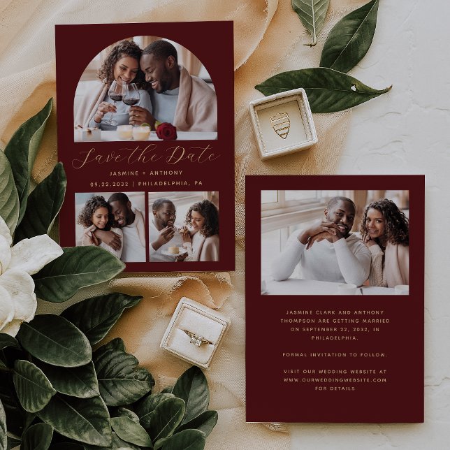 Minimalist 4-Photo Arch Burgundy Gold Save The Date (Creator Uploaded)