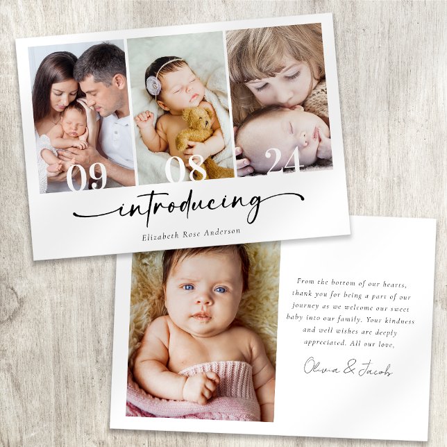 Minimalist 4 Photo Calligraphy New Baby Thank You Card (Creator Uploaded)
