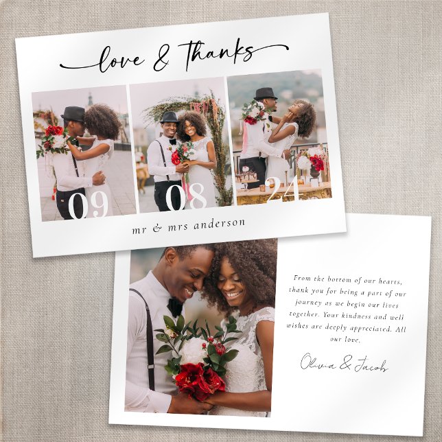 Minimalist 4 Photo Calligraphy Wedding  Thank You Card (Creator Uploaded)