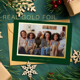 Minimalist 4 photo collage gold script Christmas Foil Holiday Card