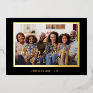 Minimalist 4 photo collage gold script Christmas Foil Holiday Card