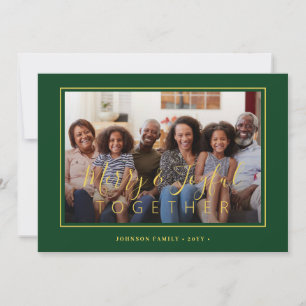 Minimalist 4 photo collage green gold Christmas Holiday Card
