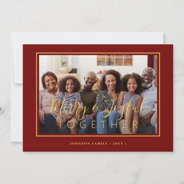 Minimalist 4 photo collage red gold Christmas Holiday Card (Front)