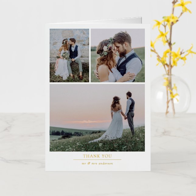 Minimalist 4 Photo Wedding Thank You Foil Greeting Card (Yellow Flower)