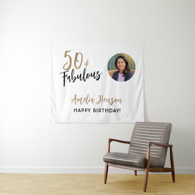 Minimalist 50 and Fabulous Photo 50th Birthday Tapestry (In Situ (Horizontal))
