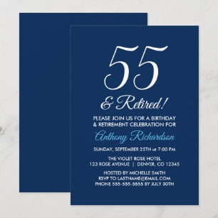 Minimalist 55 and Retired Navy Blue Retirement Invitation