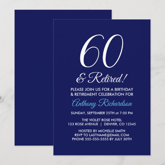 Minimalist 60 and Retired Dark Purple Retirement Invitation (Front/Back)