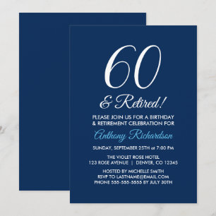 Minimalist 60 and Retired Navy Blue Retirement Invitation