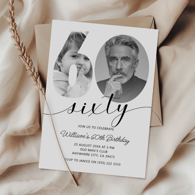 Minimalist 60th Birthday Sixty Photo  Invitation (Creator Uploaded)