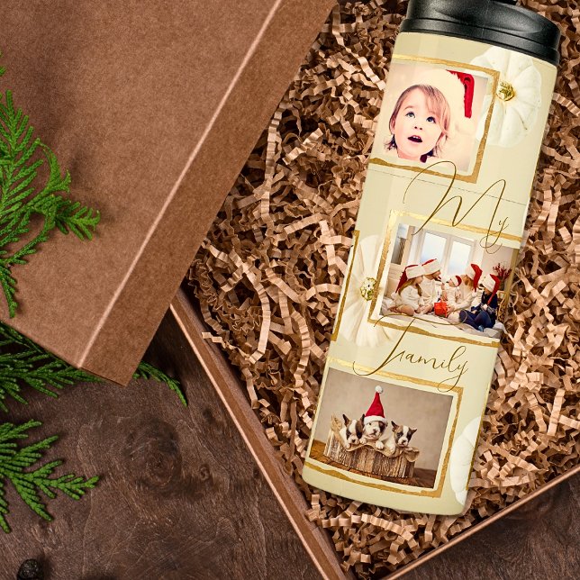 Minimalist 7 Photo Template Beige Gold Christmas  Thermal Tumbler (Creator Uploaded)