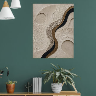 Minimalist Abstract Beige Black & Gold Textured Poster